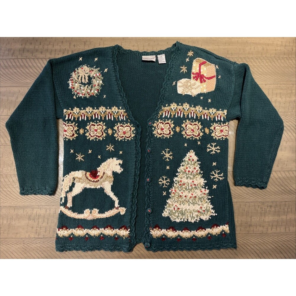 Womens Christmas Sweater Cardigan Gma Cottage Core Green Knit Holiday Size Large